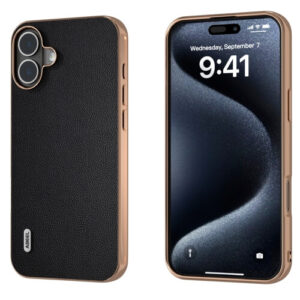 Θήκη Electroplated Frame Genuine Leather Elegant Case Apple iphone 16 μαύρο