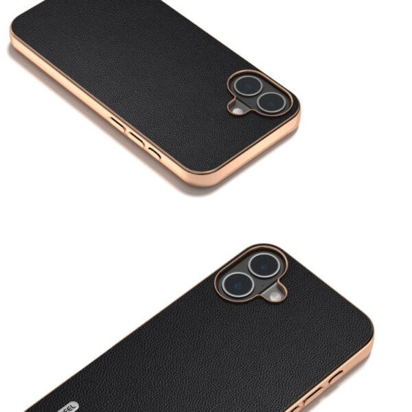 Θήκη Electroplated Frame Genuine Leather Elegant Case Apple iphone 16 μαύρο - Image 2