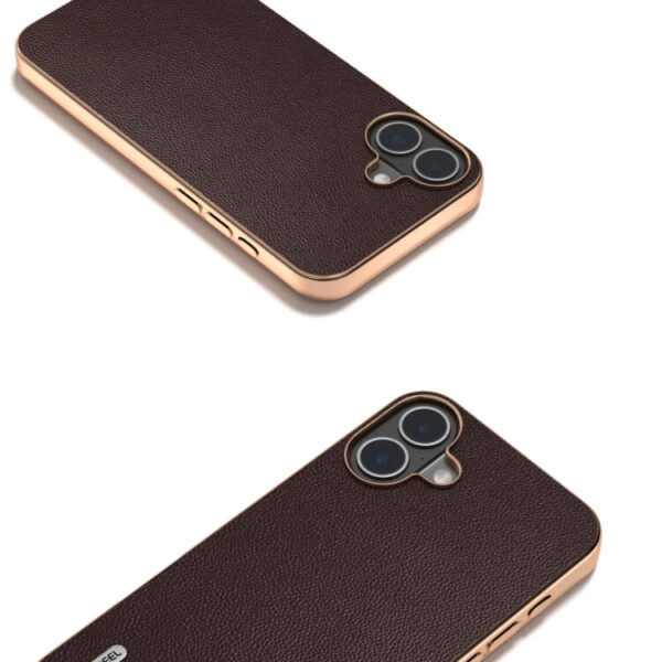 Θήκη Electroplated Frame Genuine Leather Elegant Case Apple iphone 16 καφέ - Image 2
