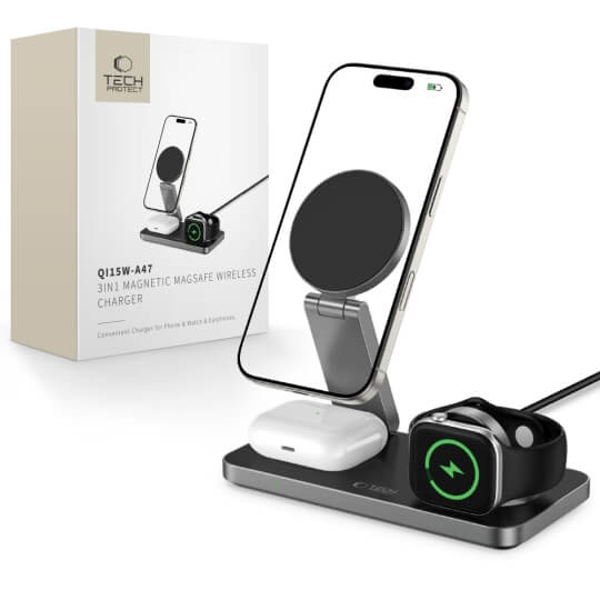 Ασύρματος Φορτιστής Tech-Protect QI15W-A47 3IN1 Magnetic Magsafe Wireless Charger μαύρο