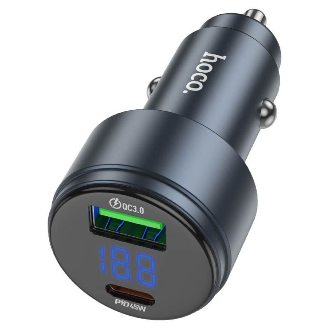 Φορτιστής αυτοκινήτου Hoco Z57B QC3.0 USB 18W / USB Type C 45W Power Delivery Quick Charge 63W metal grey